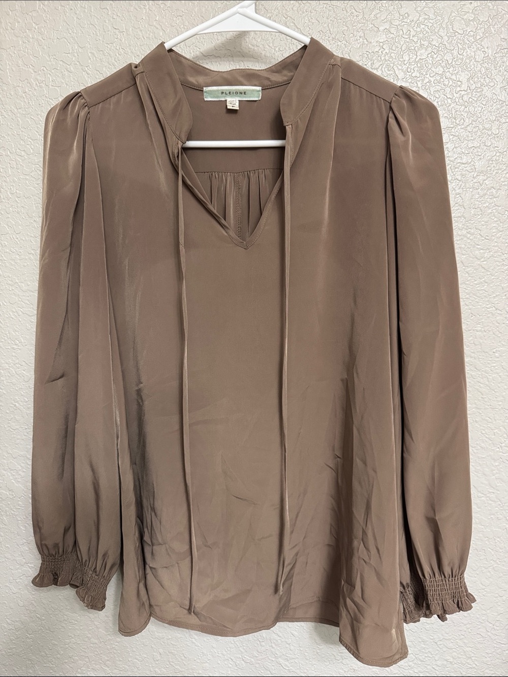 Pleione Taupe Tie-Neck Long Sleeve Blouse